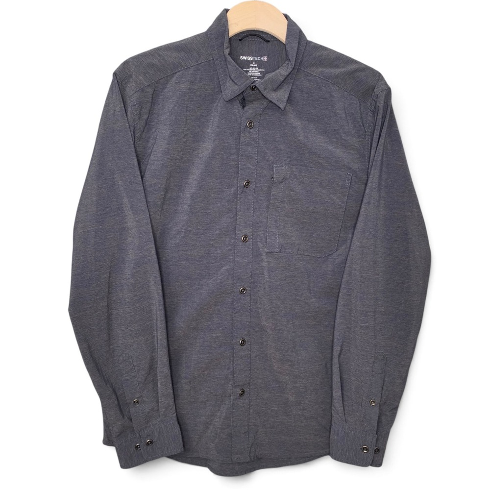 Swiss Tech Shirt Mens Medium Stretch Performance Hiking Charcoal Gray Button Up